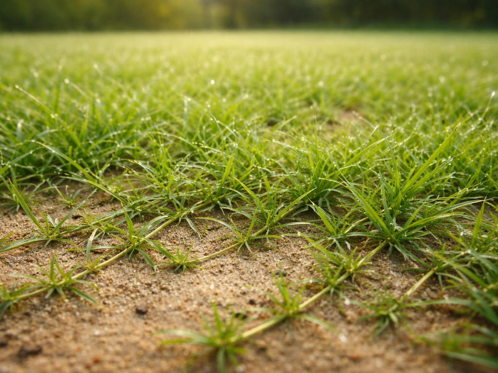 Pelouse de bermuda vert dense avec tiges rampantes, vue au sol sur une parcelle en croissance
