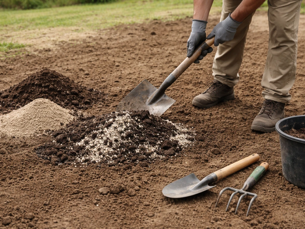 Sol ameubli dans un jardin, mélange terreau et sable pour améliorer le drainage, outils de jardin à côté.
