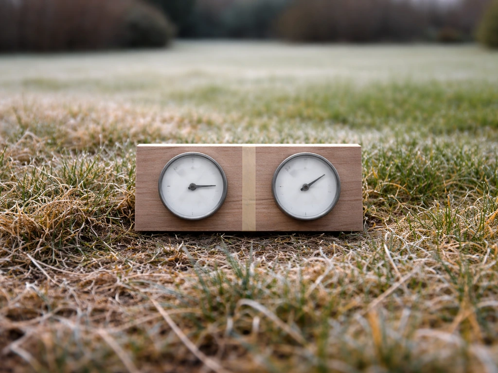 Pelouse d’hiver au ras du sol, avec deux thermomètres analogiques non lisibles suggérant dormance hivernale et estivale.
