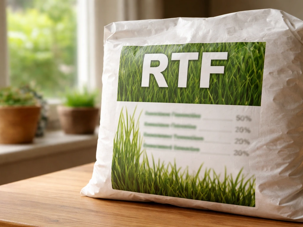 Gros plan d’une étiquette de sac de semences de gazon, avec “RTF” visible et des mentions de fétuques/graminées.