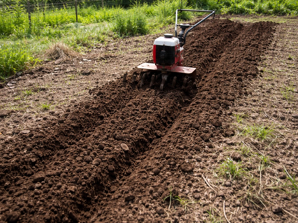 Motoculteur labourant une parcelle de terre nue avant le semis, avec résidus de désherbage visibles.
