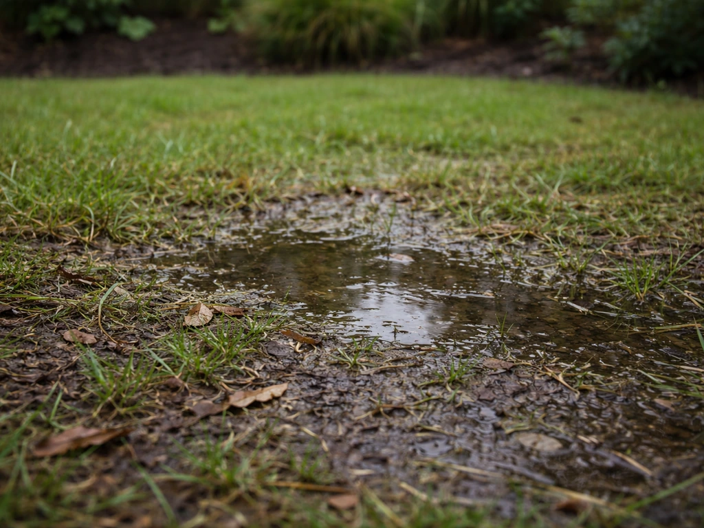 Pelouse humide et feutrée après pluie, montrant une zone compactée et terne liée à l’argile.