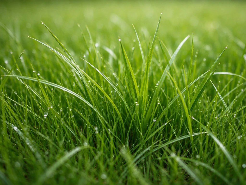 Gros plan de brins d’herbe de pelouse, textures de ray-grass et fétuque distinctes, fond flou naturel.