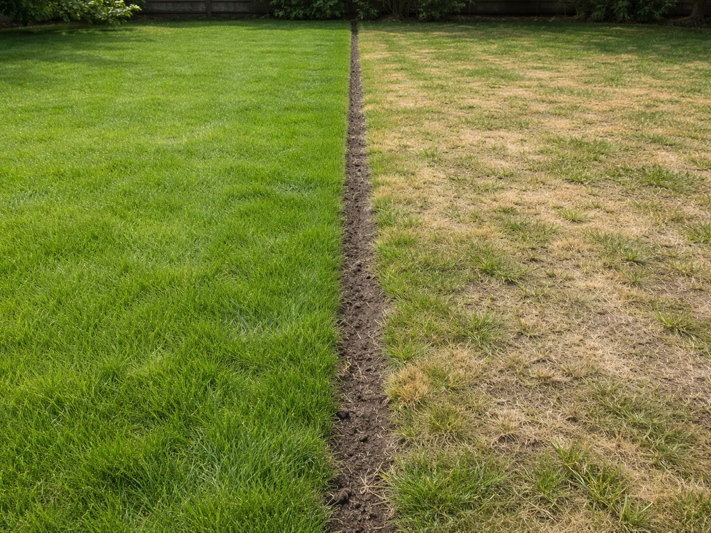 Comparaison de deux pelouses : un gazon vert au printemps contre une pelouse clairsemée et jaunie, en difficulté.