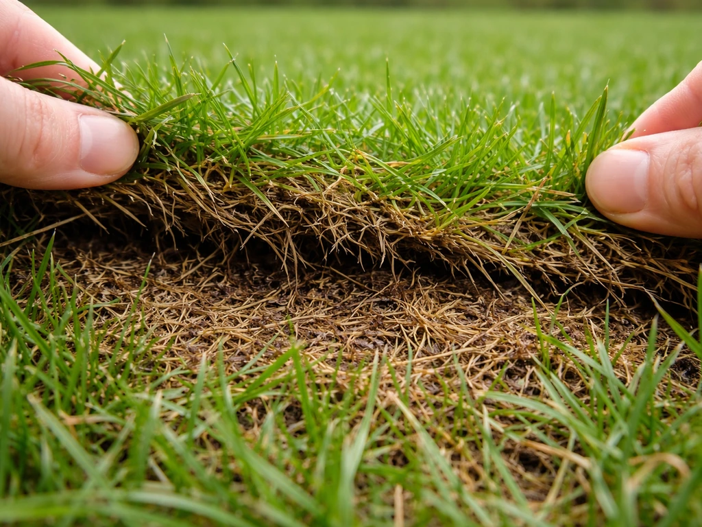 Gros plan sur le chaume de pelouse : tiges mortes brunes entre des brins d’herbe verts.