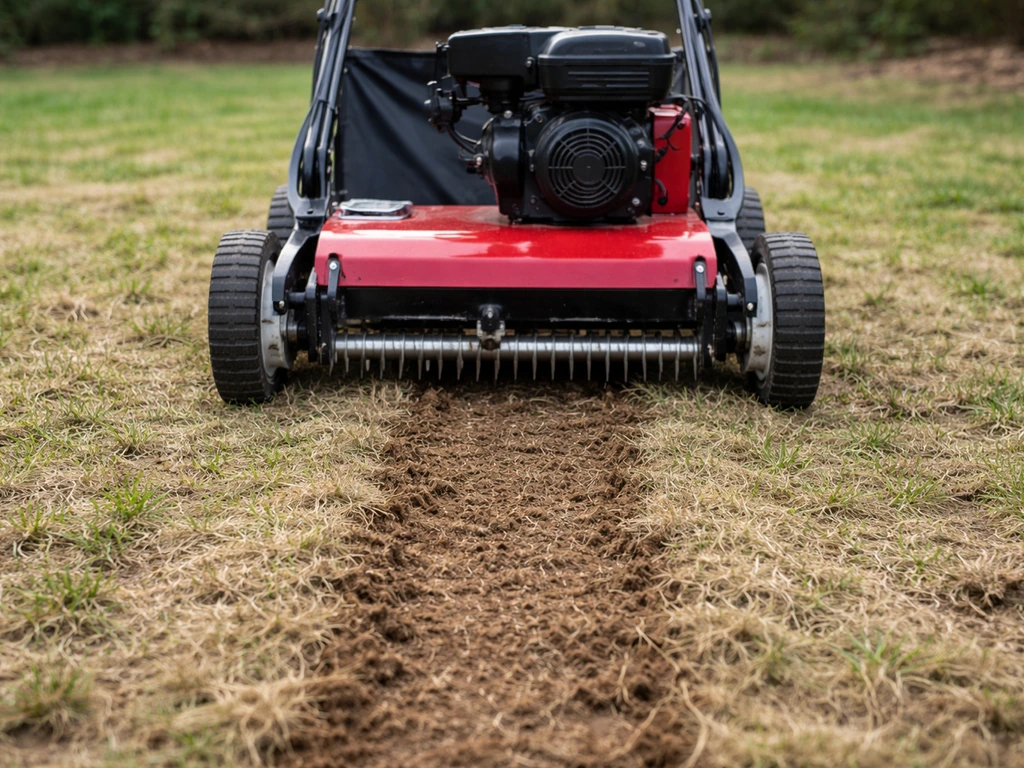 Scarificateur de pelouse réglé, lames légèrement enfoncées dans la terre sur une pelouse.