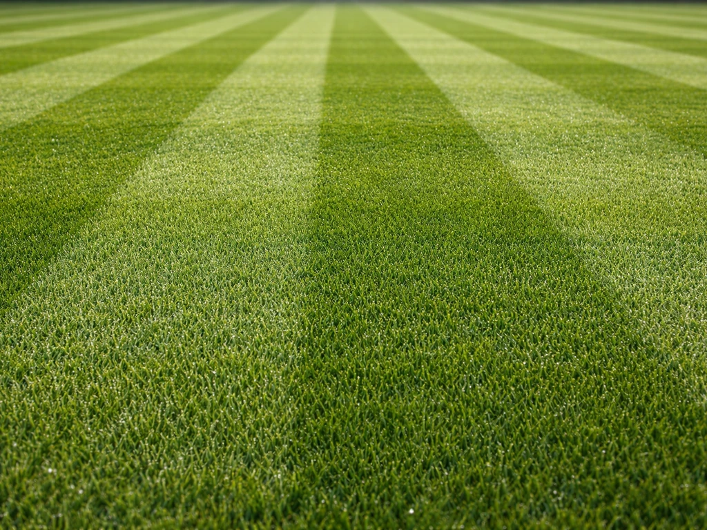 Pelouse très ras avec rayures nettes façon terrain de compétition, ambiance coupe du monde.