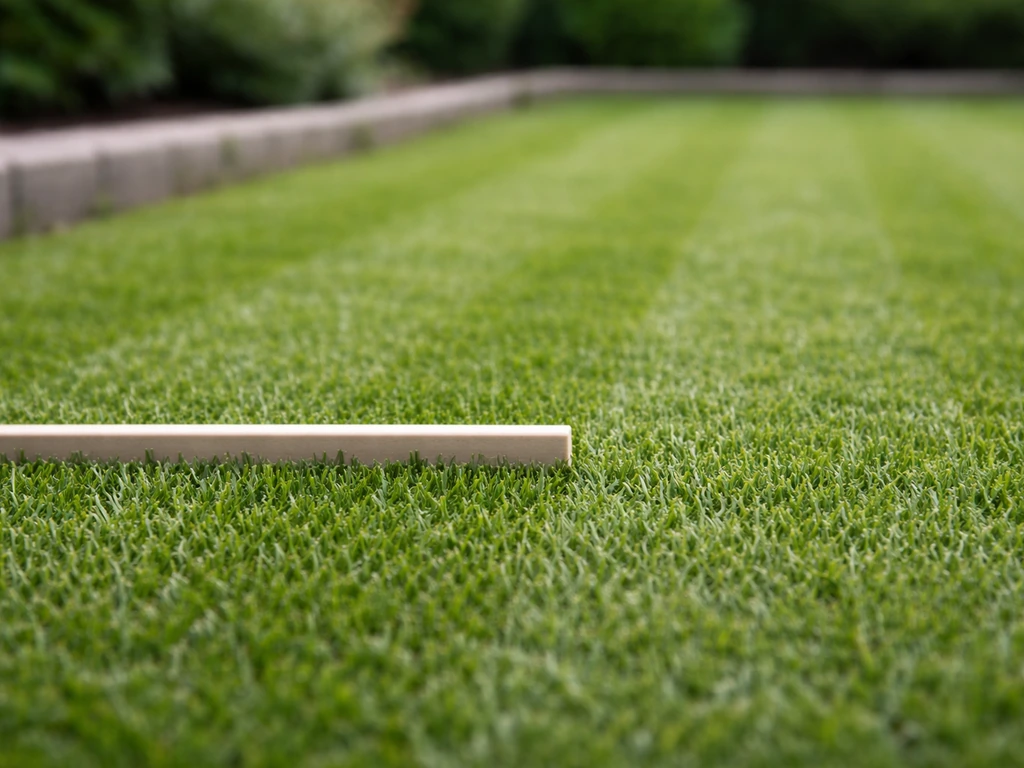 Gazon de jardin tondu très bas, brins nets, et repère visuel indiquant la hauteur de coupe cible.