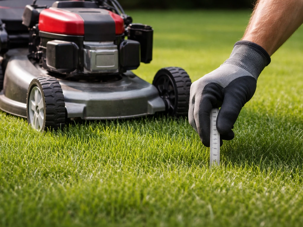 Main gantée mesurant la hauteur de coupe sur l’herbe à côté d’une tondeuse réglée sur pelouse.