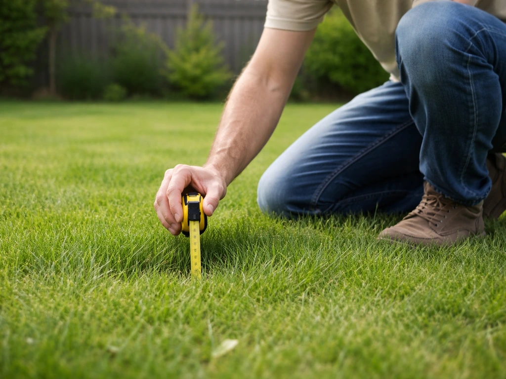 Une personne mesure la hauteur de l’herbe sur une pelouse, mètre-ruban à la main, jardin calme.