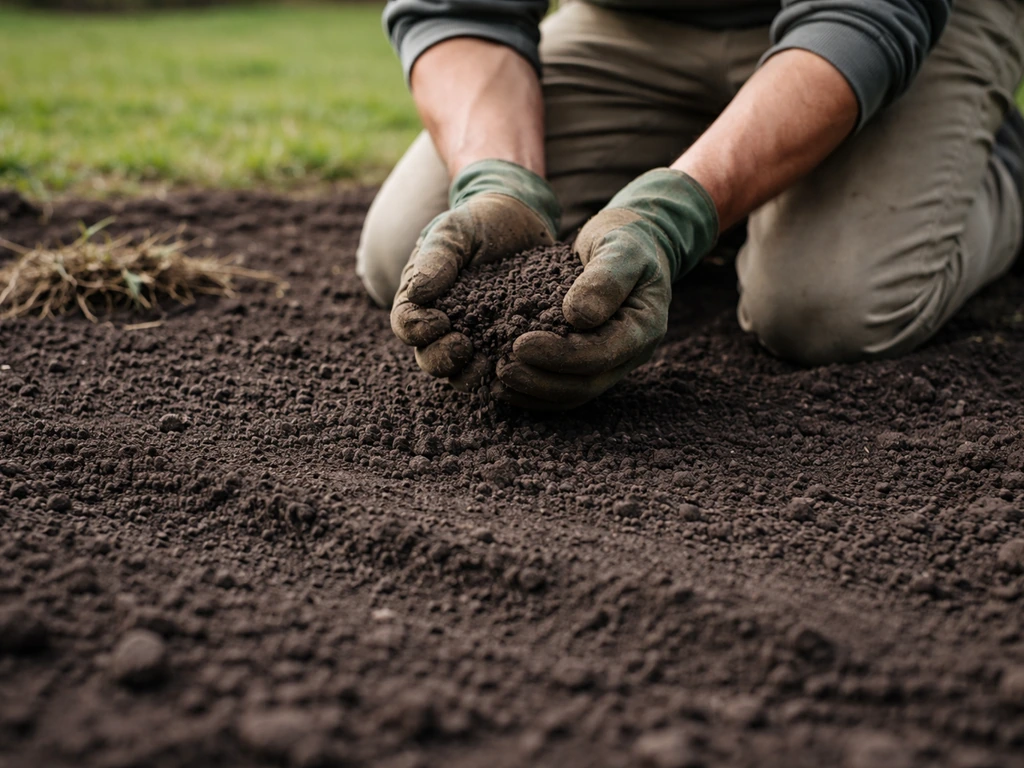 Mains au sol préparant la terre, mottes cassées et surface nivelée avant le semis, jardin.