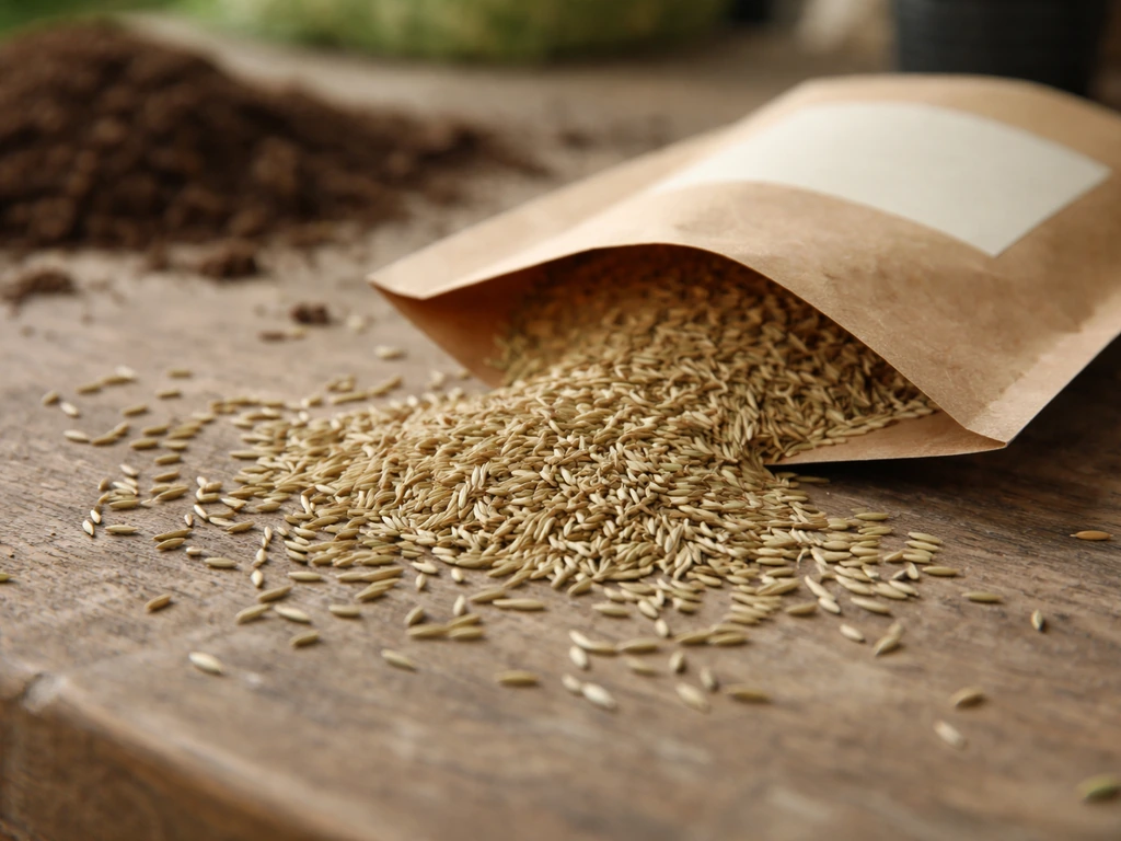 Gros plan sur des graines de gazon et un sachet kraft ouvert, sur une table de jardin.