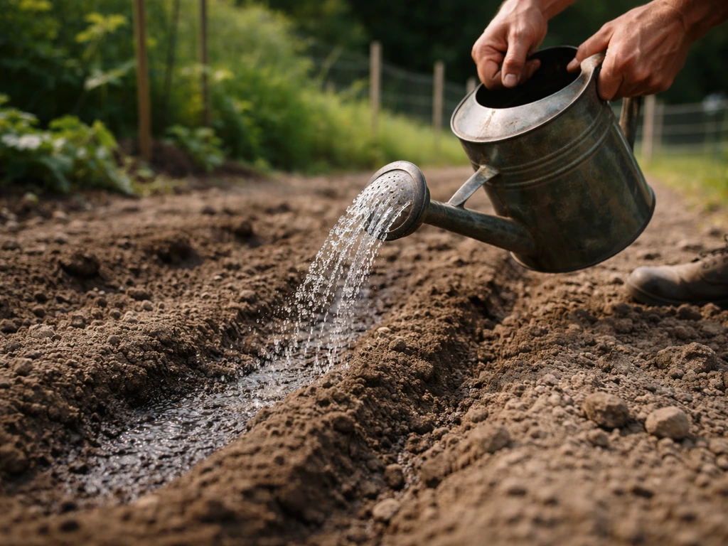 Jardinier anonyme arrosant un potager avec un sol partiellement non préparé, zones creuses visibles après semis.
