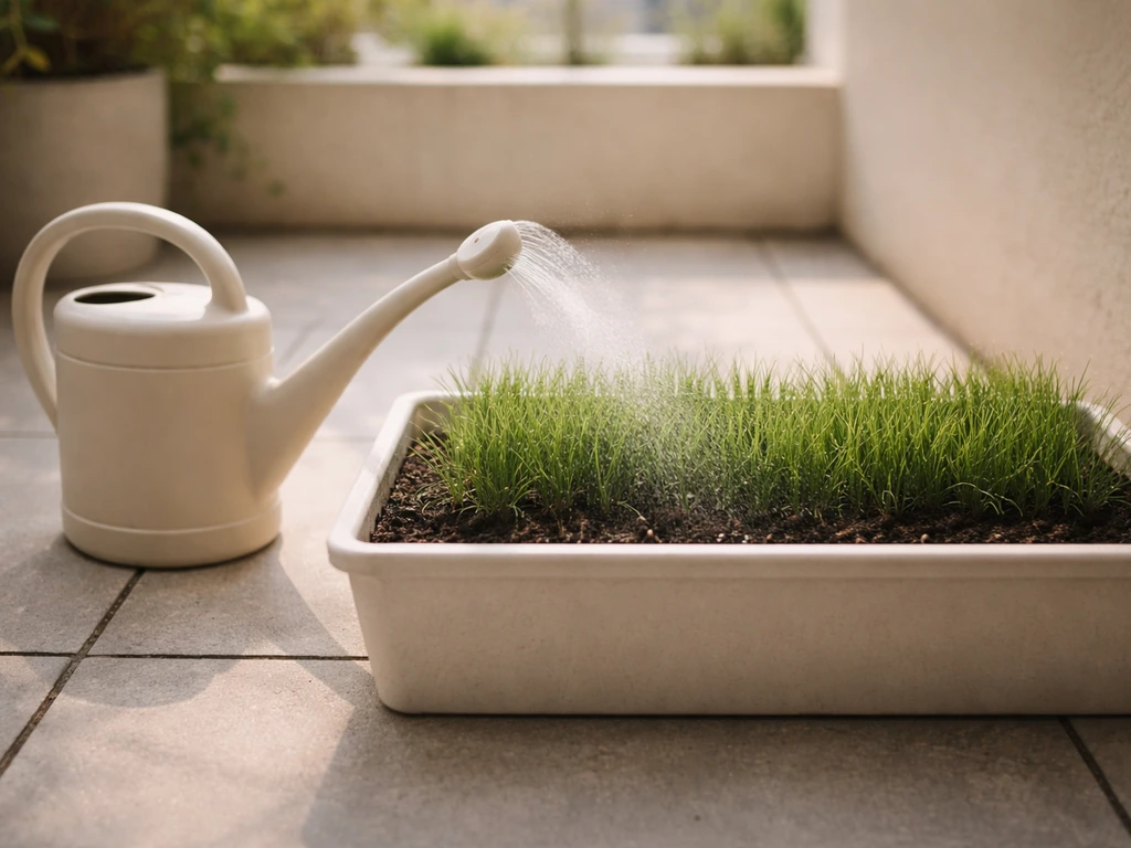 Arrosoir avec jet fin humidifiant doucement un bac de gazon sur un balcon, sans ruissellement.