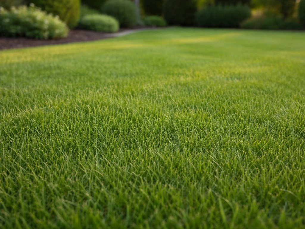 Gros plan d’une pelouse verte dense dans un jardin, brins serrés visibles, ambiance naturelle au soleil.