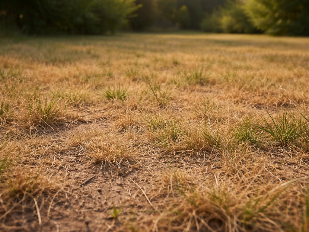 Pelouse jaune en été, zones en dormance et sol terreux par endroits, faute d’arrosage.