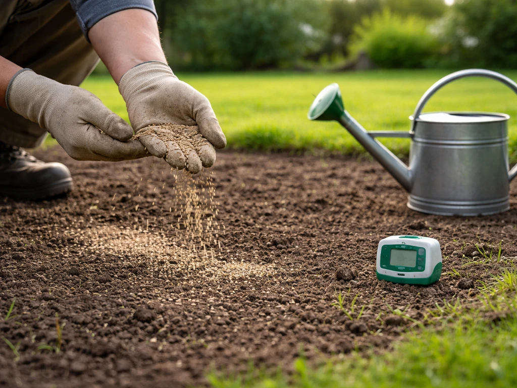 Mains en train de semer une pelouse sur un sol préparé, petit kit de mesure pH et arrosoir à côté.