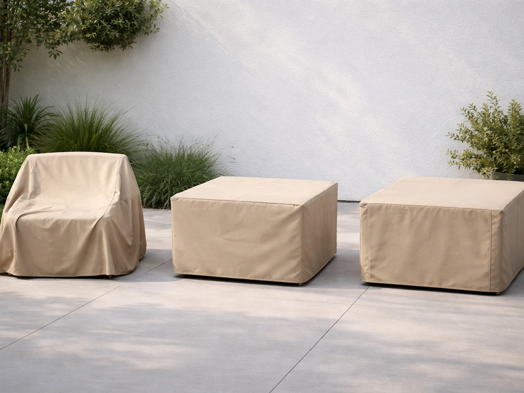 Three patio furniture cover styles side-by-side: slip-over bag, fitted box with top panel, and drop-sides cover.