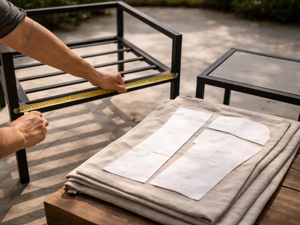 Hands measuring a patio chair/table frame with a tape measure beside folded fabric pattern pieces.