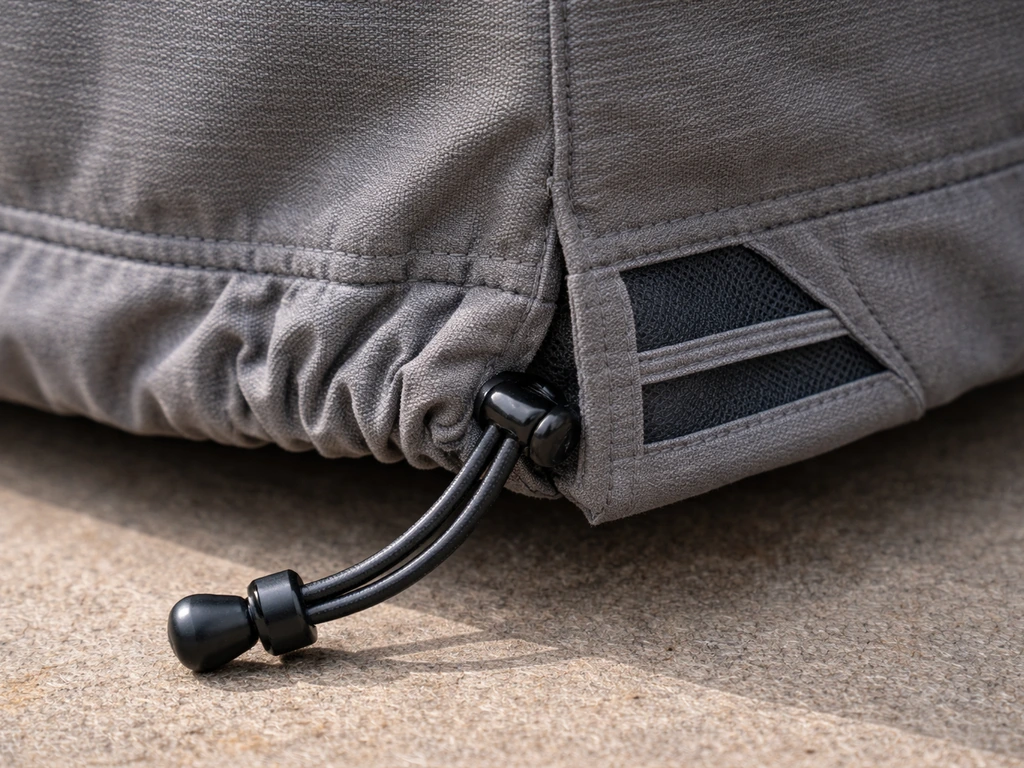 Close-up of a fabric cover hem with drawcord and small venting openings, designed to stay snug.
