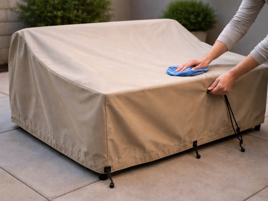 Patio furniture covered in place, cinched closed with straps, showing a quick wipe-down before covering.