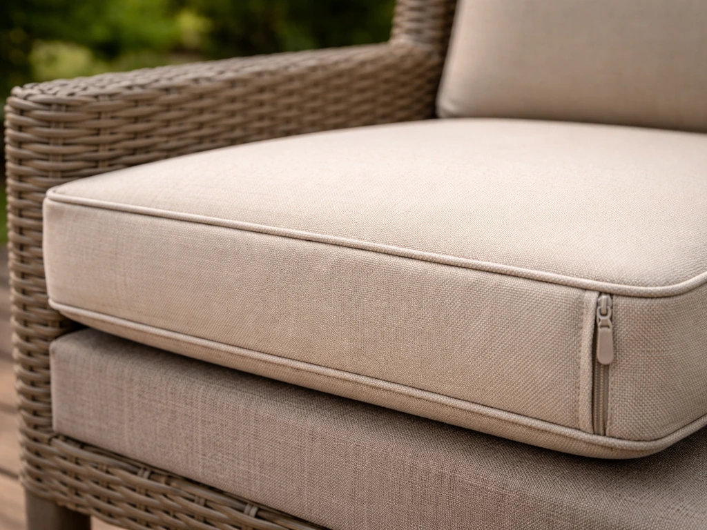Sunlit patio cushion with a newly sewn cover fitted neatly on an outdoor chair, closure visible.