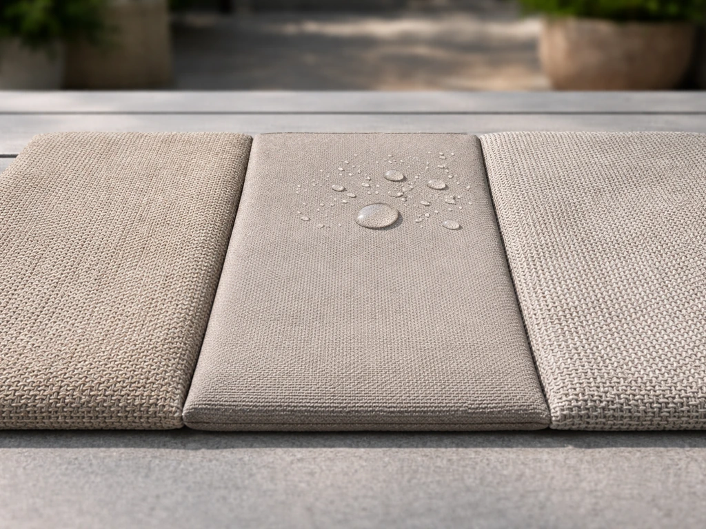 Three outdoor cushion fabric swatches side-by-side showing different textures and water-beading on coated fabric.