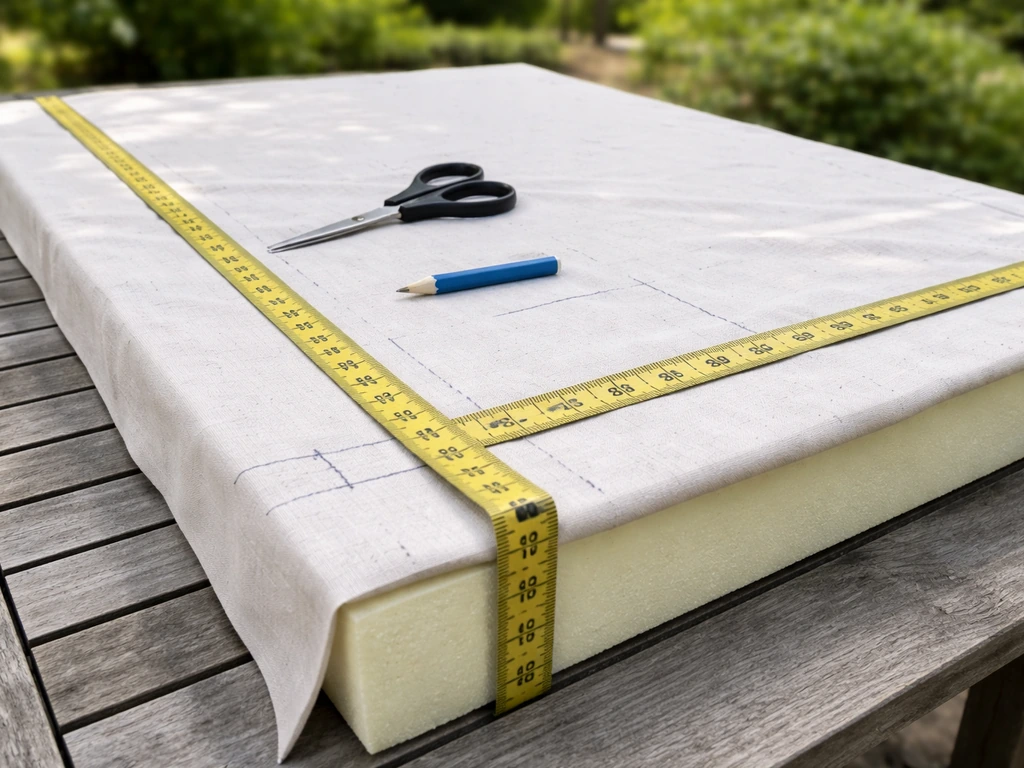 Outdoor DIY setup measuring foam cushion width, length, and thickness with tape on fabric.
