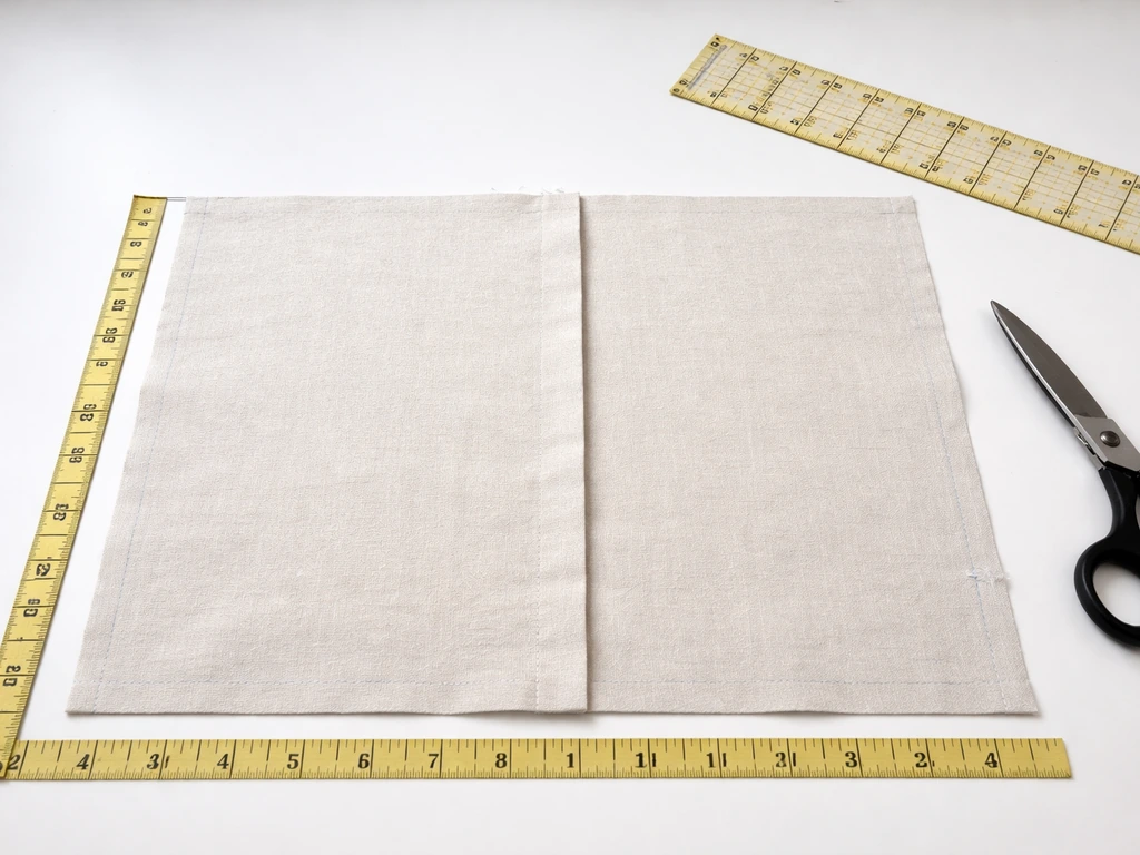 Two overlapping fabric envelope-back panels laid on a table with measuring tape marks before sewing