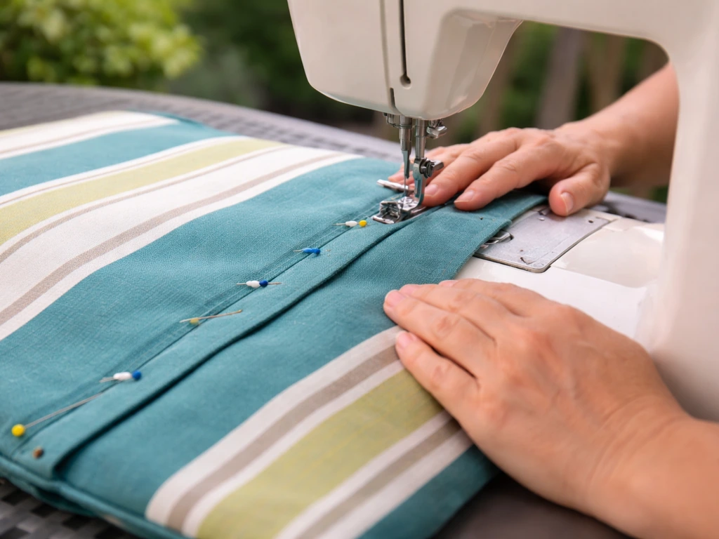 Person sewing an outdoor patio cushion cover on a machine, with the back overlap folded and pinned.