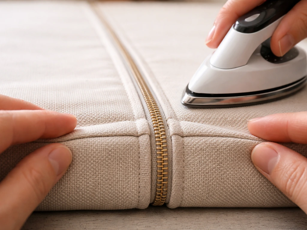 Close-up of a cushion cover opening with a zipper installed and seams aligned and pressed flat.