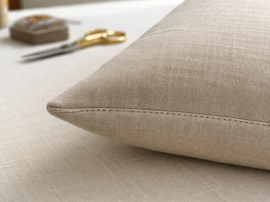Close-up of a cushion cover corner with sharply turned seam and visible durable stitching