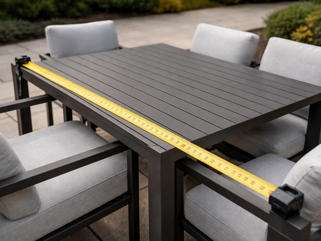 Measuring tape laid across patio furniture frame to show measuring for the right tarp size.