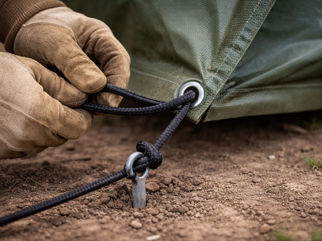 Hands tightening a tarp strap through grommets on a secured tarp edge in an outdoor yard