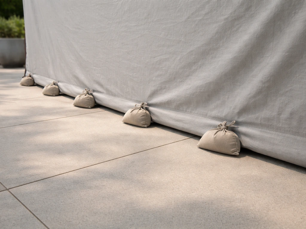 A taut tarp edge on a patio held flat by sandbags to prevent flapping in wind.