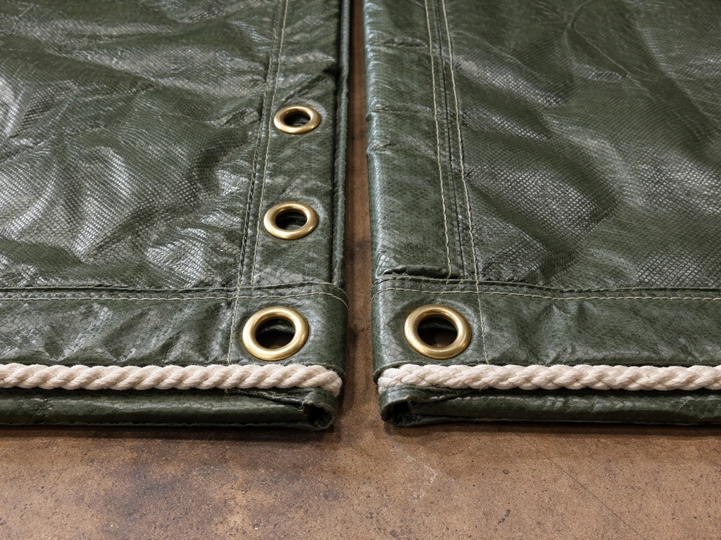Close-up of tarp edges showing dense vs wider grommet spacing with rope-reinforced hems