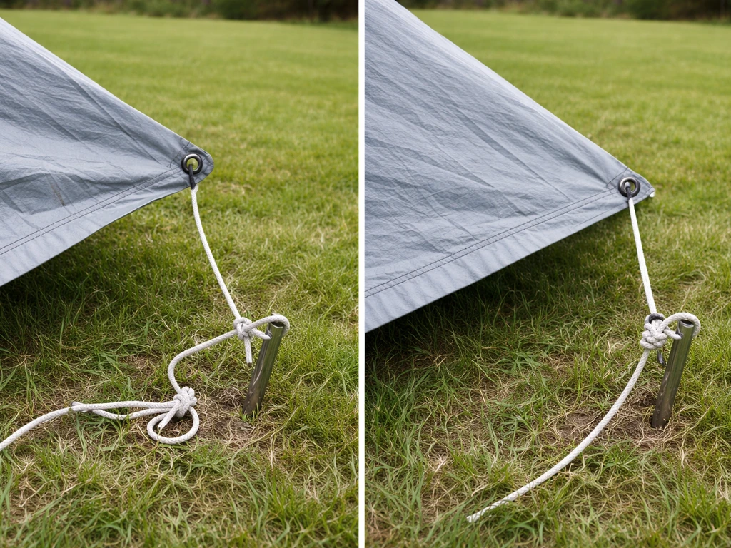 Wind-damaged tarp lifting at one corner beside a properly tensioned tarp tied down with secure knots