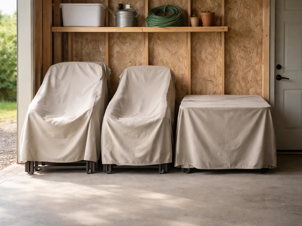 Patio furniture neatly stored and covered in a garage-like shed, no people present.