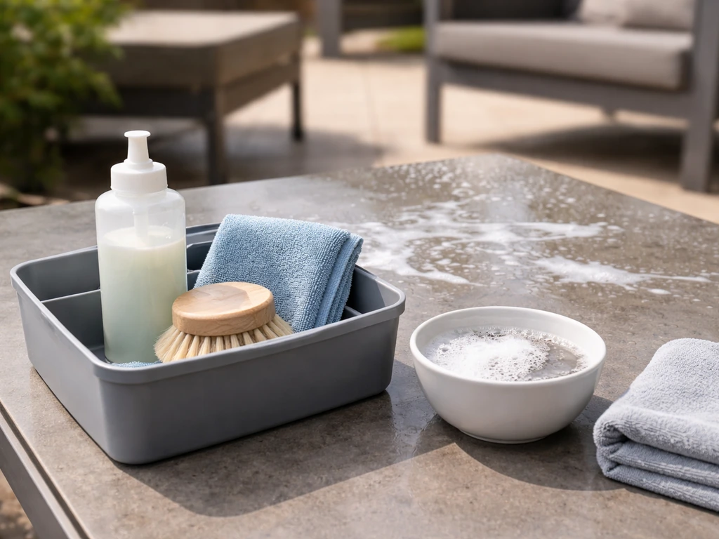 Cleaning supplies—mild soap, brush, and cloth—laid out beside freshly wiped patio furniture surfaces.