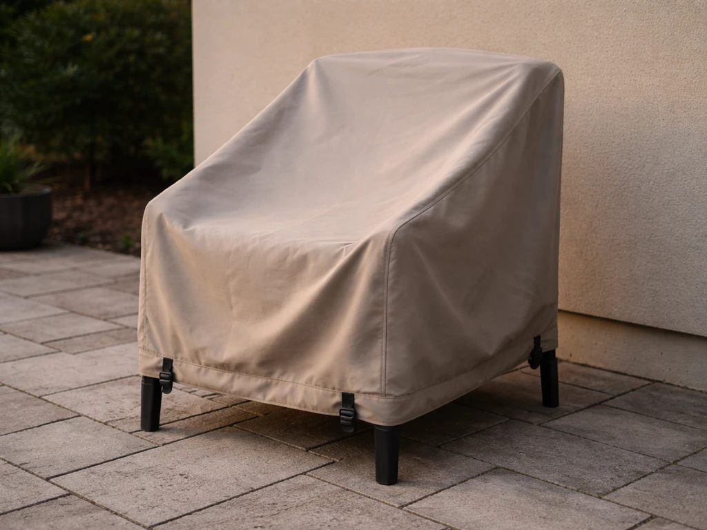 Breathable cover tightly strapped over a metal patio chair to prevent sagging and water pooling.