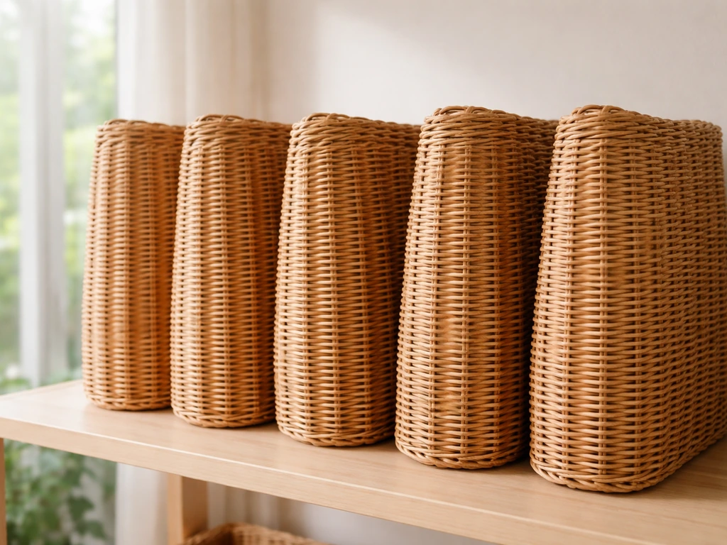 Upright wicker baskets spaced on a shelf in bright, airy storage to prevent trapped moisture.