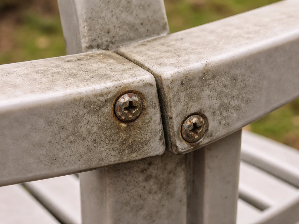 Close-up of corroded screws and rust spots on outdoor plastic-resin furniture joints after uncovering.
