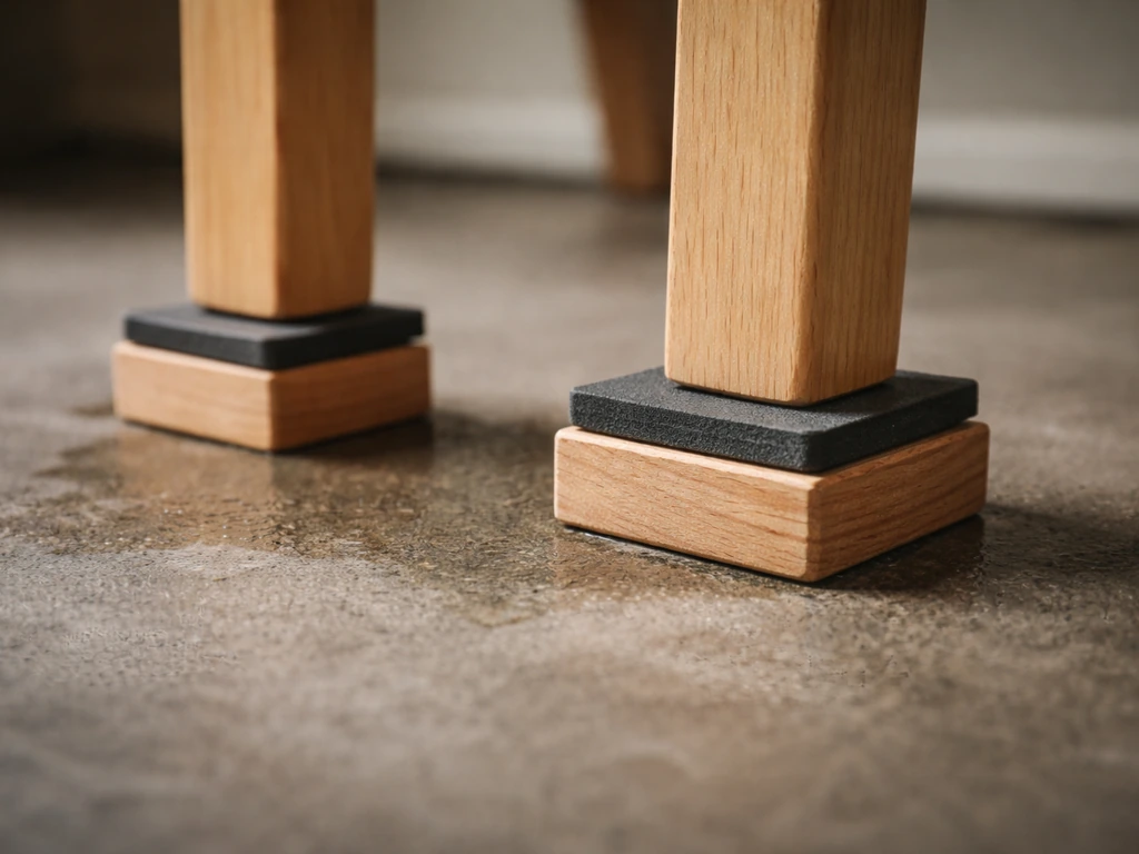 Furniture legs lifted on rubber pads and wood blocks above a damp concrete floor to stop moisture wicking.