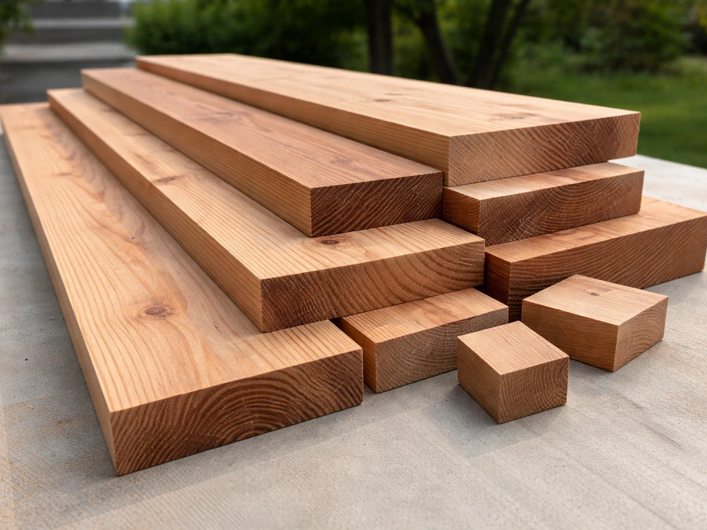 Western red cedar boards on a workbench, clearly showing grain and varying thickness.