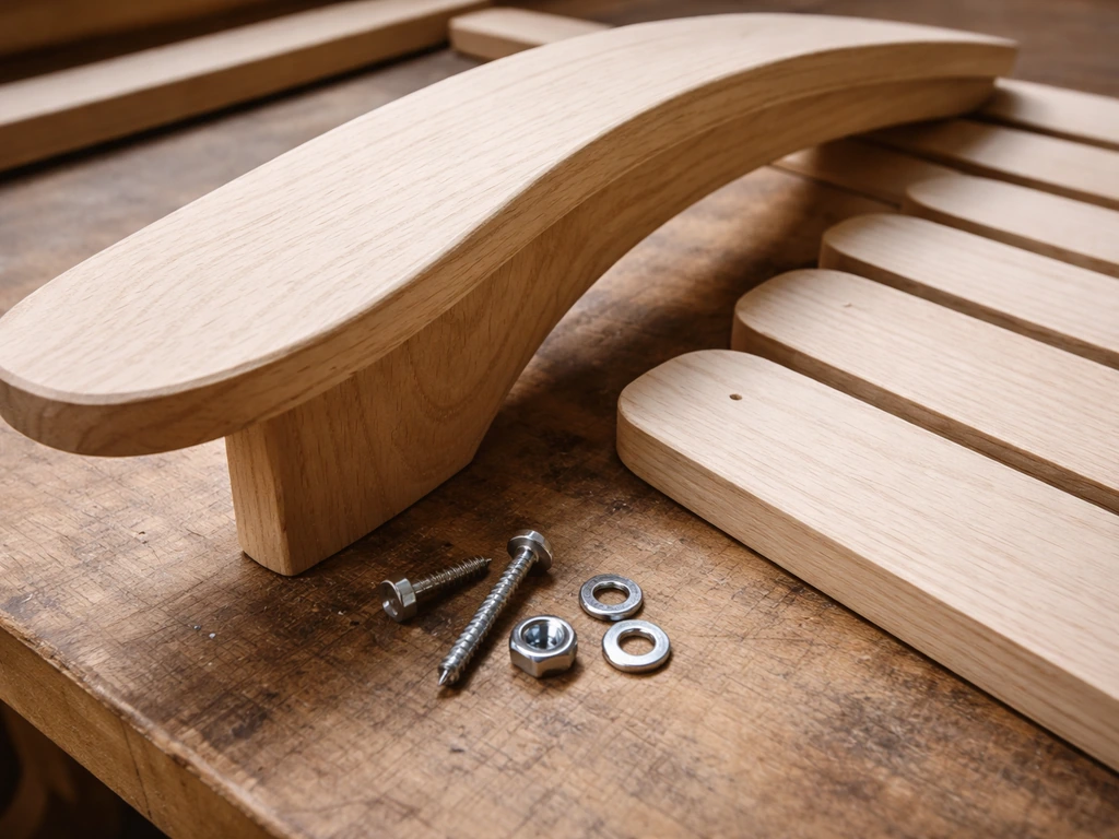 Close-up of Adirondack-style and slatted wooden chair parts arranged on a simple workshop workbench.