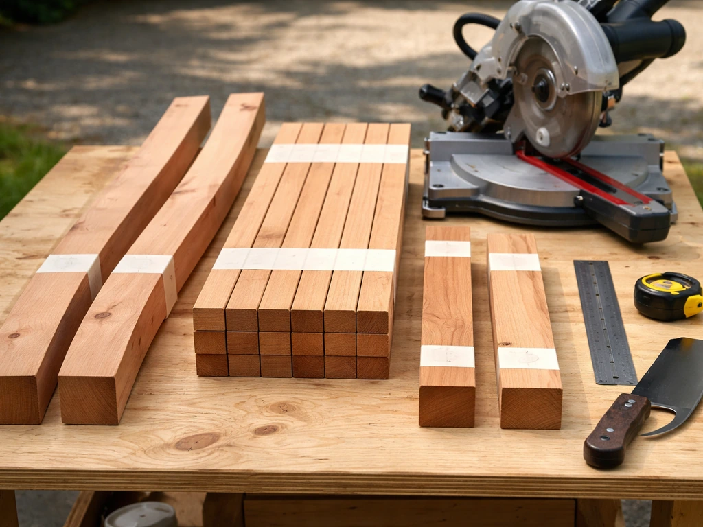 Cedar chair parts laid on a workbench with tools nearby, masking tape labels on the wood.