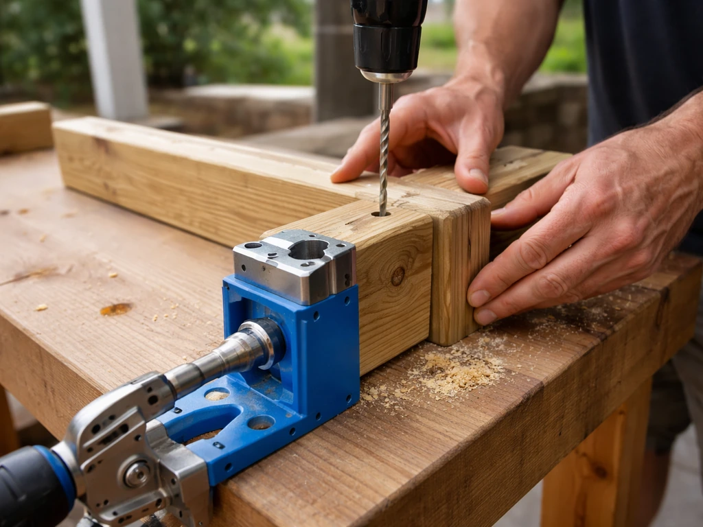 Close-up of a pocket-hole jig and wood parts being aligned for an outdoor chair joint.