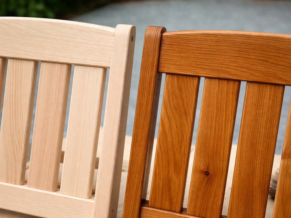 Close-up of cedar chair showing sanded wood next to a freshly wet penetrating oil stain coat.