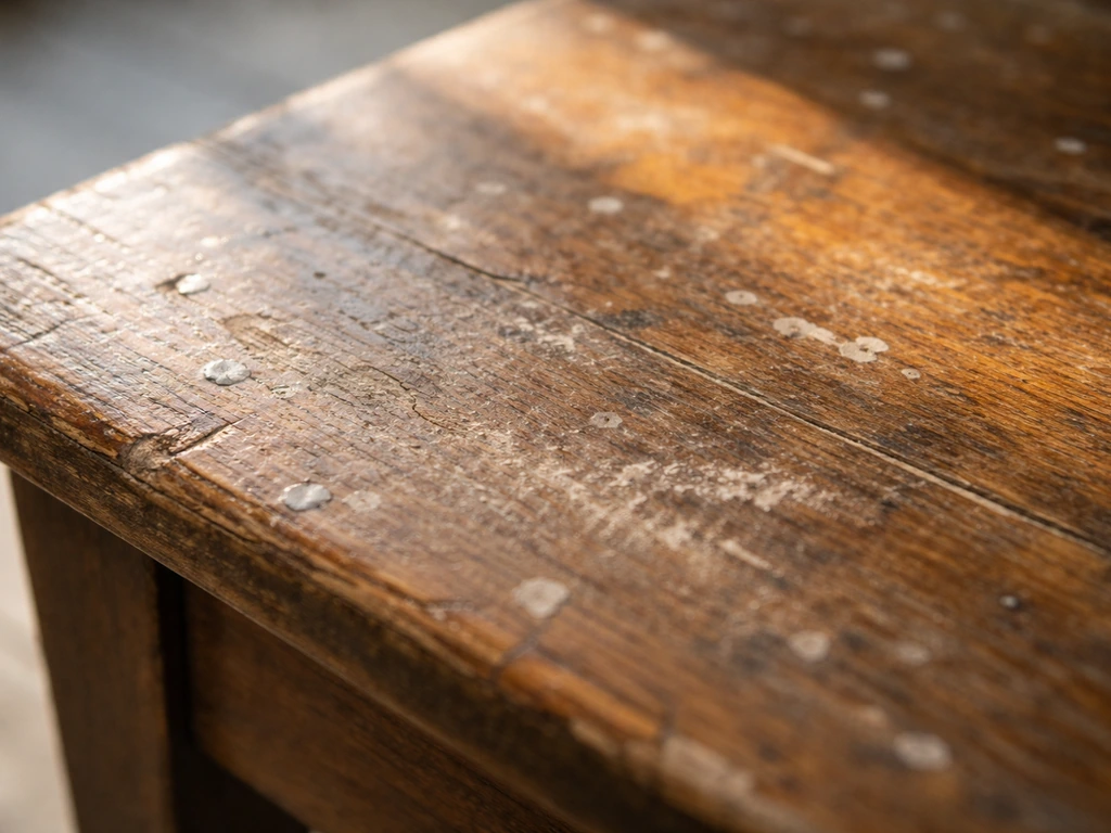 Close-up of a wooden furniture surface with chalky residue, pitting, oxidation, and peeling paint in bright natural ligh