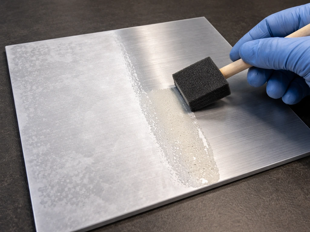 Close-up of an oxidized aluminum surface being cleaned with an acid-based brightener, turning from white to bare metal.